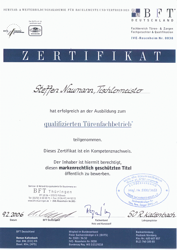 qualifizierter T&uuml;renfachbetrieb